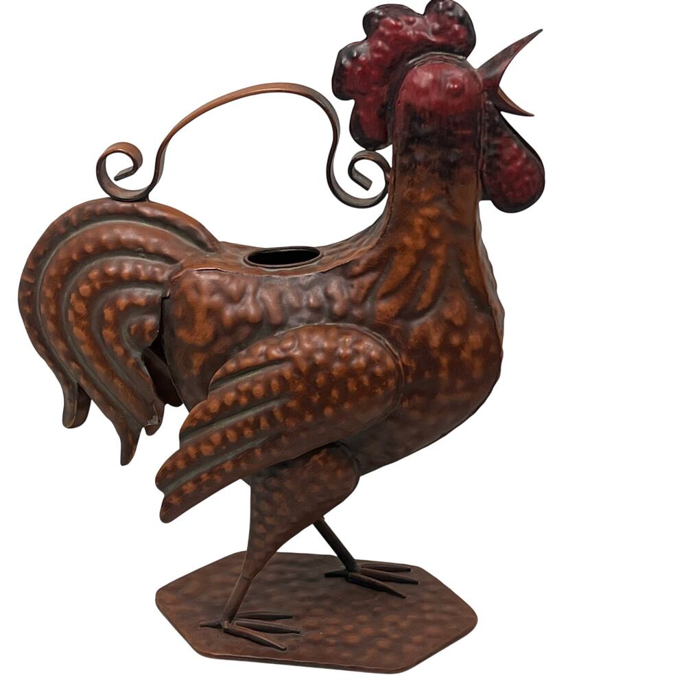 Vintage Metal Rooster Watering Can Rustic Copper Orange Patina Planter Vase